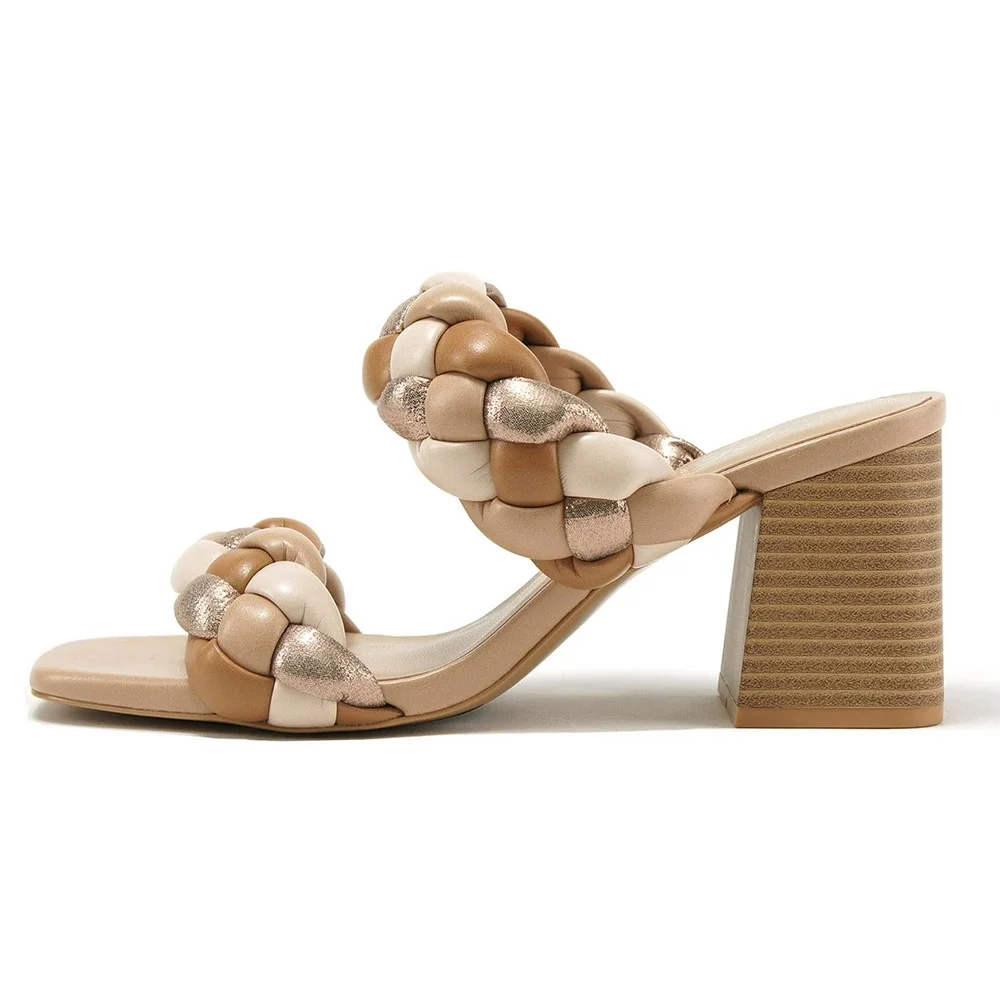 Women’s Block Heel Slide Sandals Nude Multi Braided Straps Soda Buggy-S Size 6